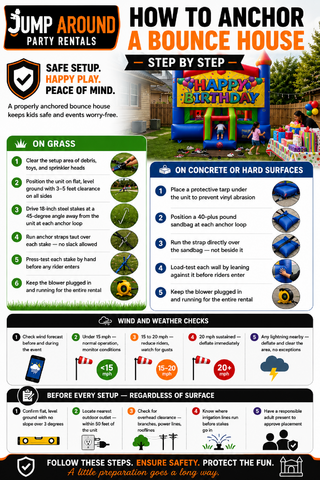 Step by step infographic showing how to anchor a bounce house on grass and concrete - Jump Around Party Rentals