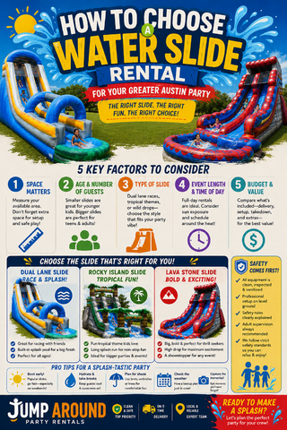 Water slide rentals in Greater Austin complete planning guide infographic from Jump Around Party Rentals
