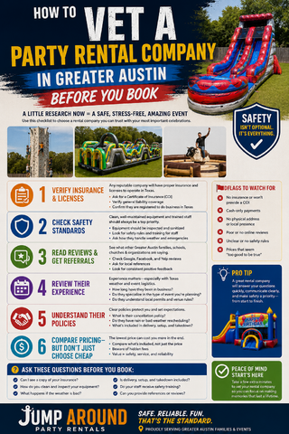 How to vet a party rental company in Greater Austin before you book infographic from Jump Around Party Rentals