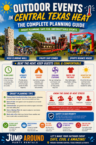 Outdoor events in Central Texas heat complete planning guide infographic from Jump Around Party Rentals