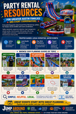 Party rental resources for Greater Austin families and event coordinators infographic from Jump Around Party Rentals