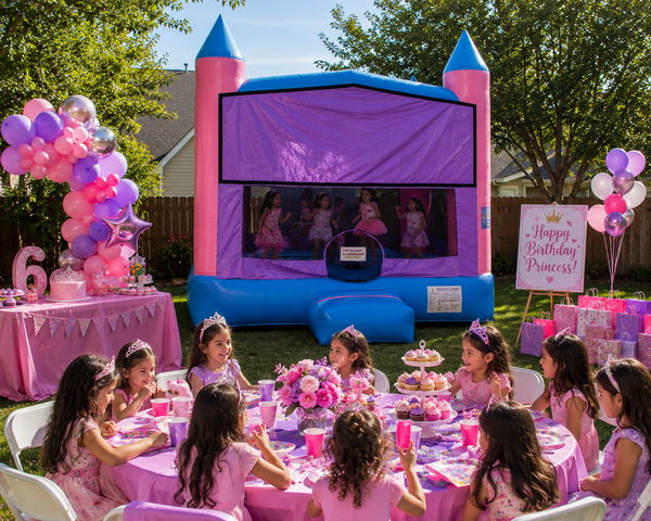 Pink and purple themed bounce house rental for girls birthday parties in Greater Austin - Jump Around Party Rentals