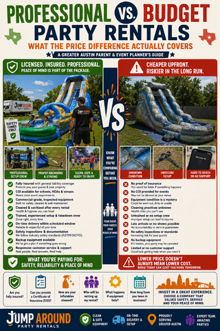 Professional vs budget party rentals infographic from Jump Around Party Rentals