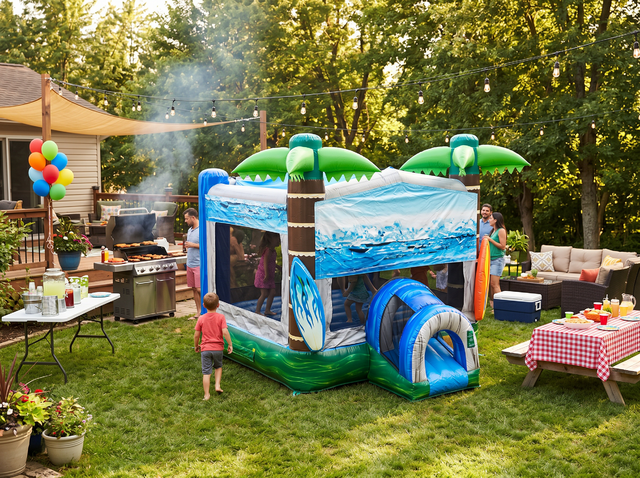 Tropical bounce house rental at a Killeen TX birthday party - Jump Around Party Rentals