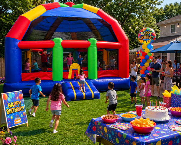 XL bounce house rental delivered to a Round Rock TX backyard - Jump Around Party Rentals