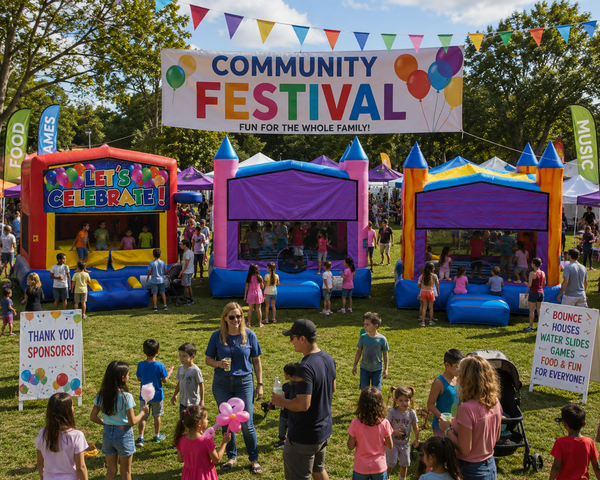 Bounce houses at a community festival in Pflugerville TX - Jump Around Party Rentals