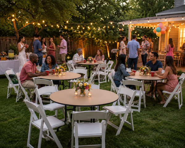Table and chair rentals set up at an outdoor party in Austin TX