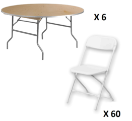 6 Round Tables + 60 Chairs