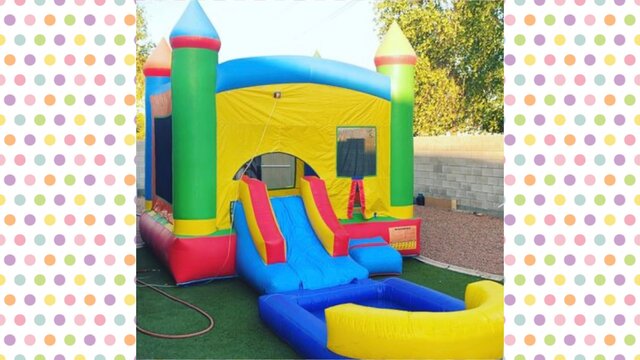 Castle bounce house combo with slide and basketball hoop (Wet)  