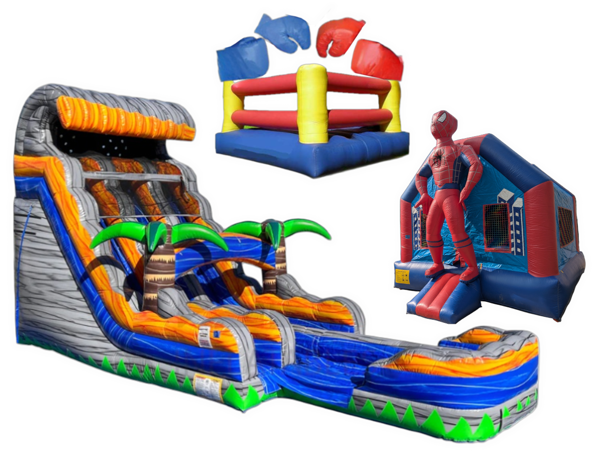 A towering Spiderman greets guests at the entrance of a themed inflatable