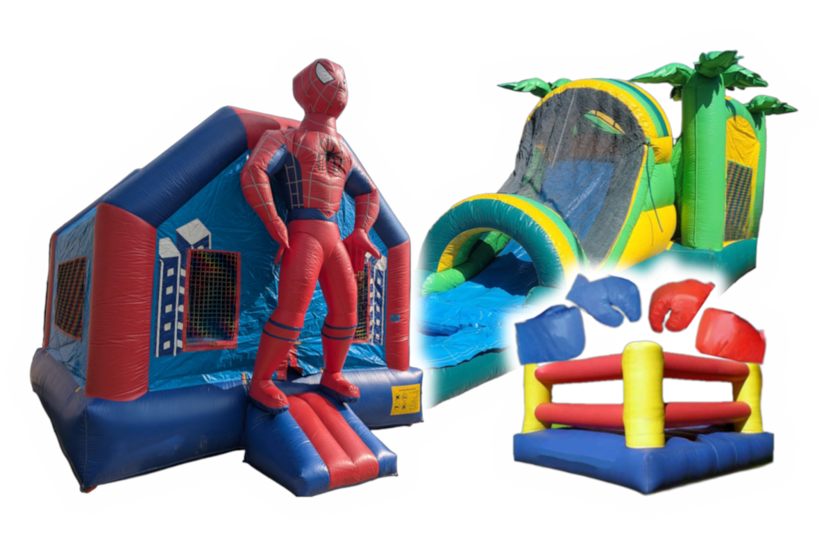 A towering Spiderman greets guests at the entrance of a themed inflatable