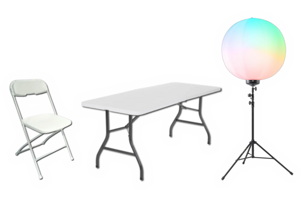 A sturdy folding chair, a versatile folding table, and a customizable LED ball light that offers both white and colored lighting options