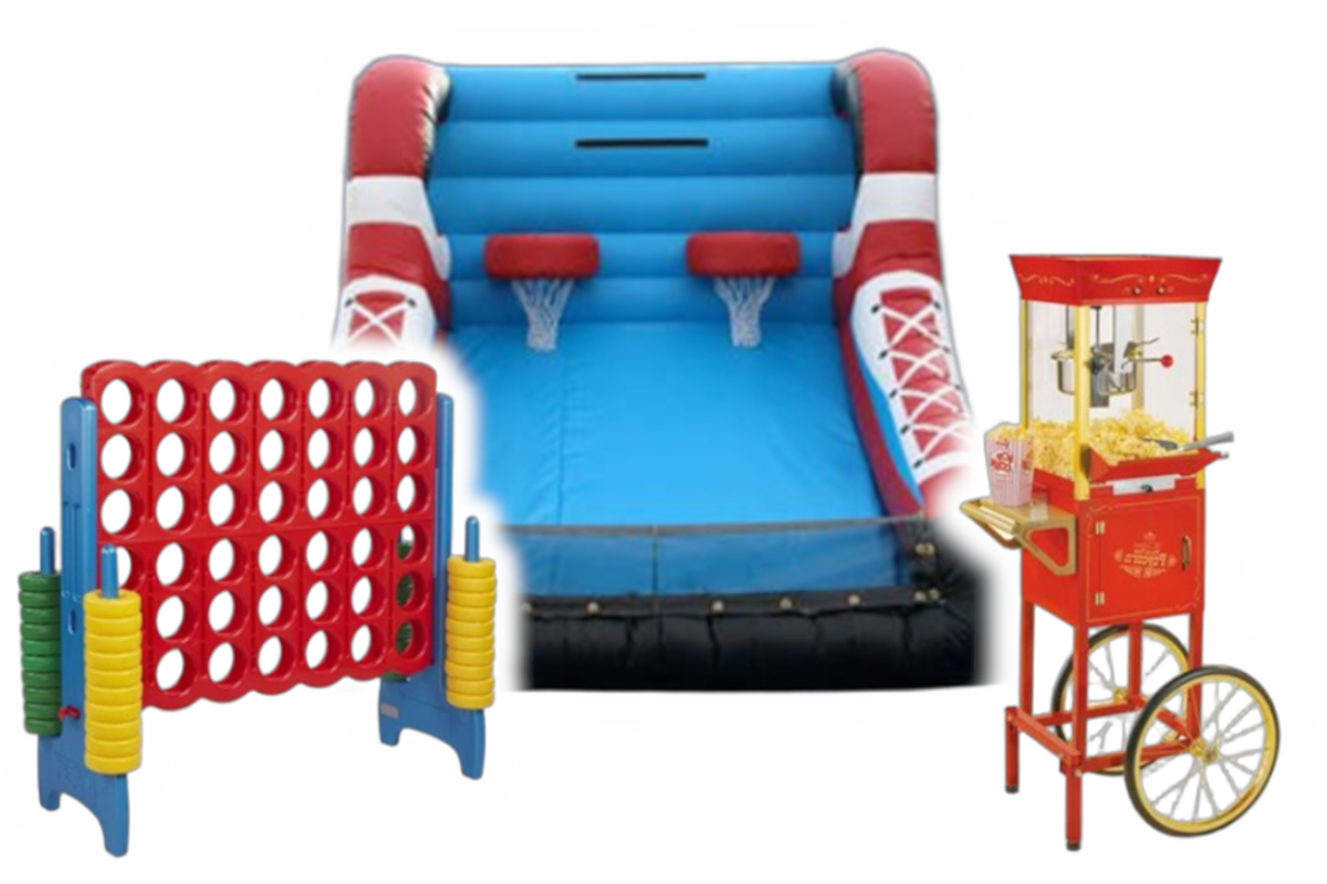 A jumbo Connect 4, a double hoop basketball inflatable shooting game, and a nostalgic popcorn machine on a cart bring extra fun and flavor