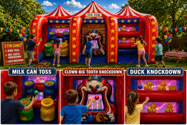 3 Game Carnival Booth Milk Can / Clown Big Tooth Knockdown / Duck knockdown