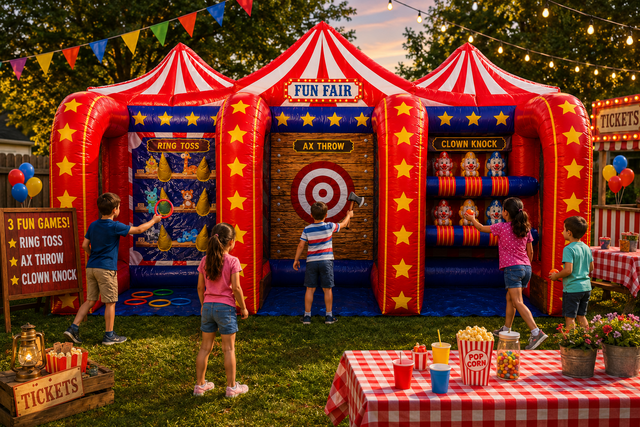 3 Game Carnival Booth Ring Toss/Axe Throw/Clown Knockdown