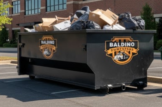 Baldino Dumpsters bin filled with trash at a business property