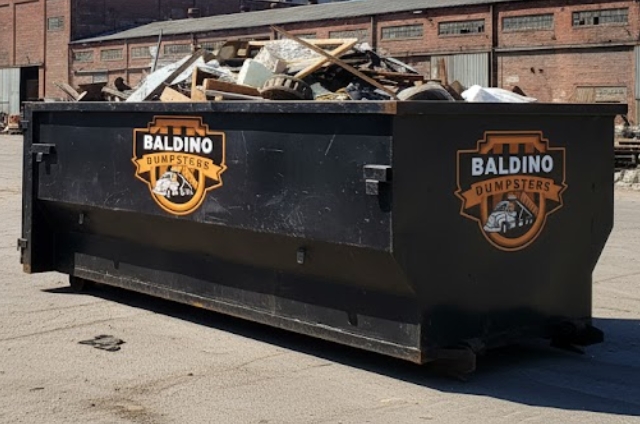 Baldino Dumpsters container packed with construction waste at an industrial location