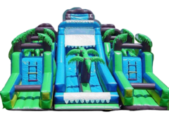 Dual lane water slide with obstacle course 