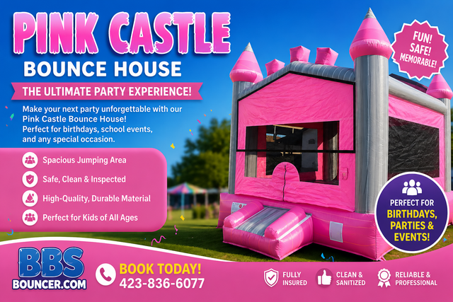 Pink and gray bounce house  