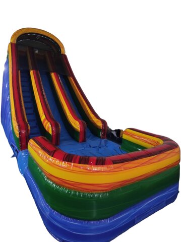 22 ft Blue double lane inflatable slide  with cushioned pad at the bottom 