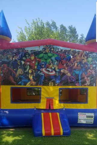 Large Bounce House with Justice League Banner 1