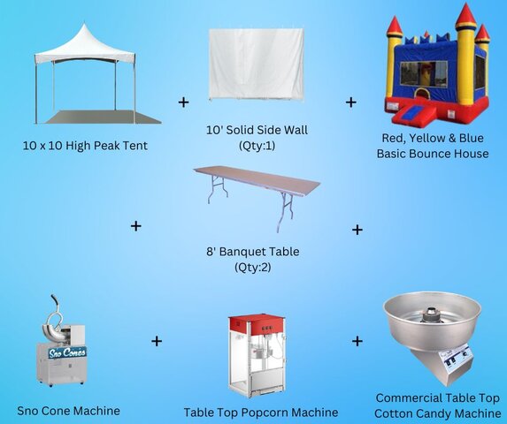 10x10 High Peak Tent, Concessions & Basic Bounce house  Package