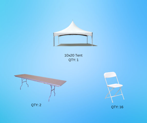 Tent Package F (10x20) w/ 2 (8ft banquet tables, 16 chairs)