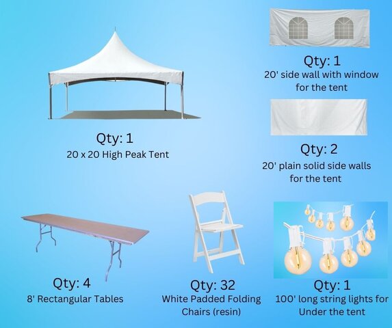 Premium 20x20 High Peak Wedding Package. Inc Lighting Upgraded Chairs & Tent Sidewalls