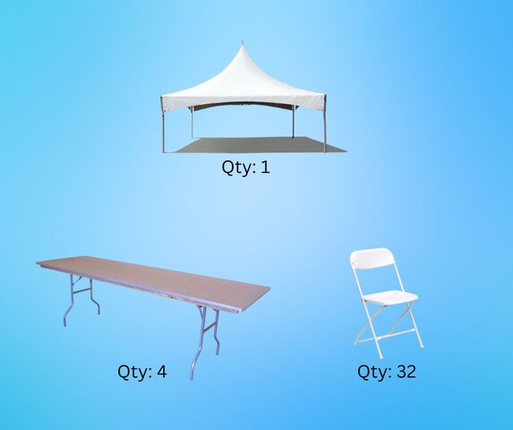 20x20 High Peak Tent, 4- 8ft Rectangular Tables, 32 White Plastic Chairs