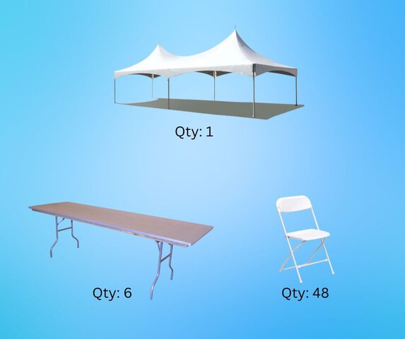 20x30 High Peak Tent, 6- 8ft Rectangular Tables, 48 White Plastic Chairs