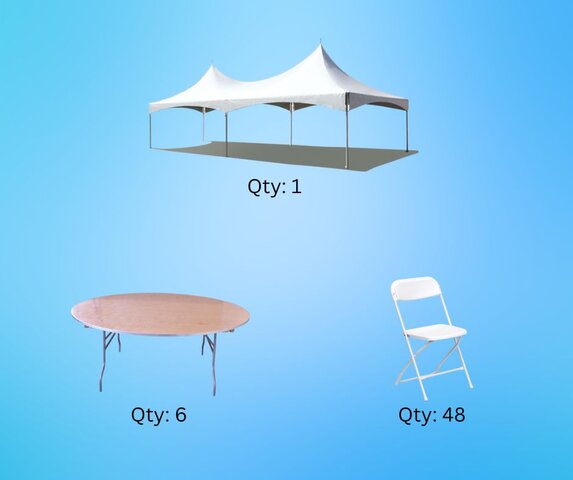 20x30 High Peak Tent, 6- 5' Round Tables, 48 White Plastic Chairs