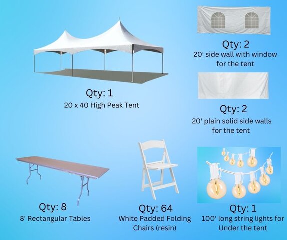 Premium 20x40 High Peak Wedding Package. Inc Lighting Upgraded Chairs & Tent Sidewalls