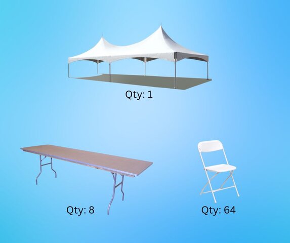 20x40 High Peak Tent, 8- 8ft Rectangular Tables, 64 White Plastic Chairs
