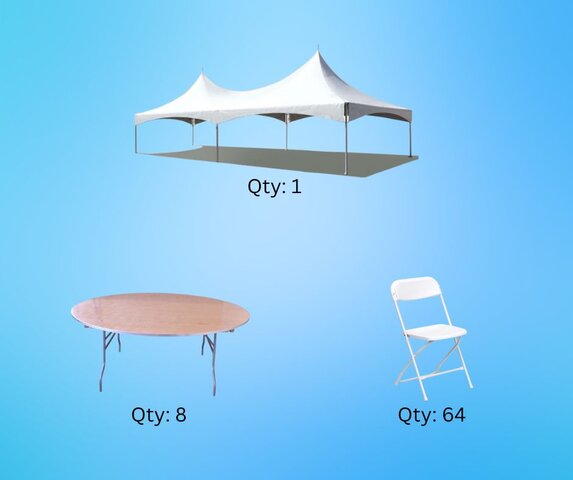 20x40 High Peak Tent, 8- 5' Round Tables, 64 White Plastic Chairs