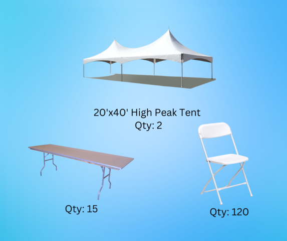 Tent Package E (40x40) 15 (8ft Banquet Tables, 120 chairs)