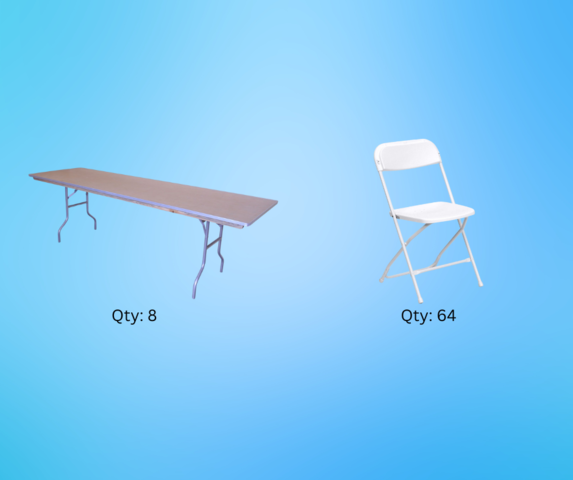Table & Chair Package D; (8) 8ft Banquet Tables, (64) Chairs