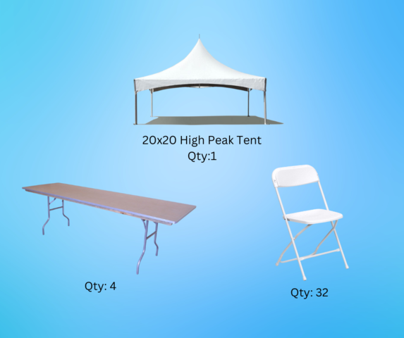 Tent Package A (20x20) w/ 4 (8ft banquet tables, 32 chairs)