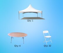 20x20 High Peak Tent, 4- 5' Round Tables, 32 White Plastic Chairs