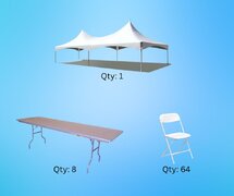 20x40 High Peak Tent, 8- 8ft Rectangular Tables, 64 White Plastic Chairs
