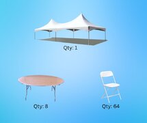 20x40 High Peak Tent, 8- 5' Round Tables, 64 White Plastic Chairs