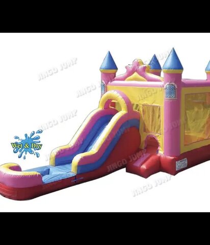 Pink carnival bouncer house wet 