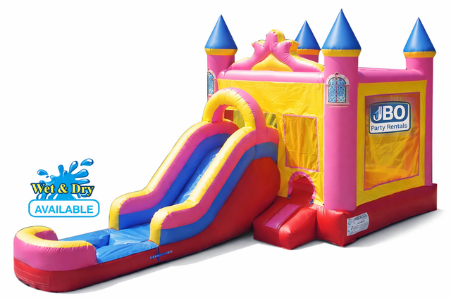 Pink carnival bouncer house wet 