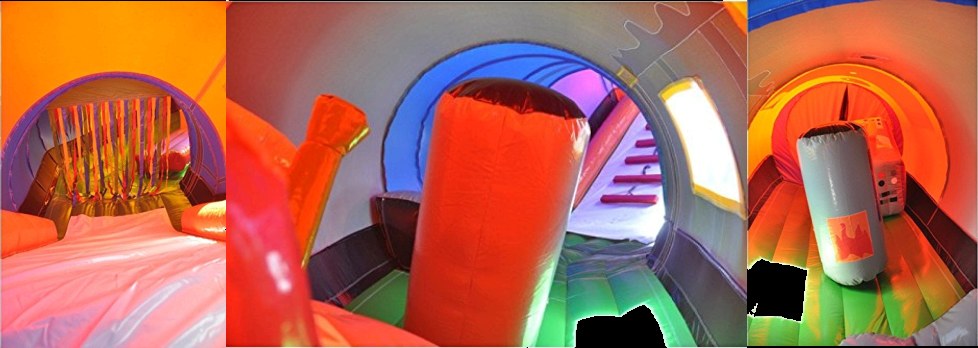 Inside the Chuggy Choo Choo inflatable train obstacle course rental from Bouncey House Rentals in Sacramento, CA showing the bouncy cushion floor and pop-up obstacles inside the train cars