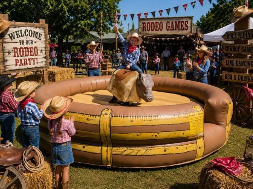 Mechanical bull rental at a corporate event in Sacramento from Bouncey House Rentals with employees watching and cheering