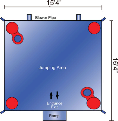 Basketball slam dunk bounce house rental in Sacramento from Bouncey House Rentals, 15-foot bouncer with two basketball hoops and basketball art panel