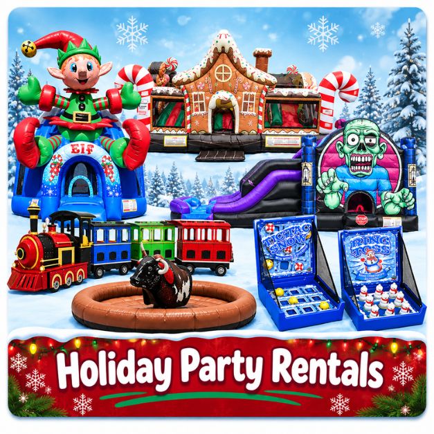 Holiday themed party rentals in Sacramento from Bouncey House Rentals including Christmas bounce houses, Halloween inflatables, snow machines, and Christmas carnival games