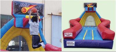 Inflatable basketball slam dunk game rental in Sacramento from Bouncey House Rentals, players jumping and dunking on inflatable court at outdoor event