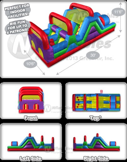 Wacky Mini Obstacle Course inflatable rental from Bouncey House Rentals in Sacramento, CA showing the colorful compact obstacle course set up on grass