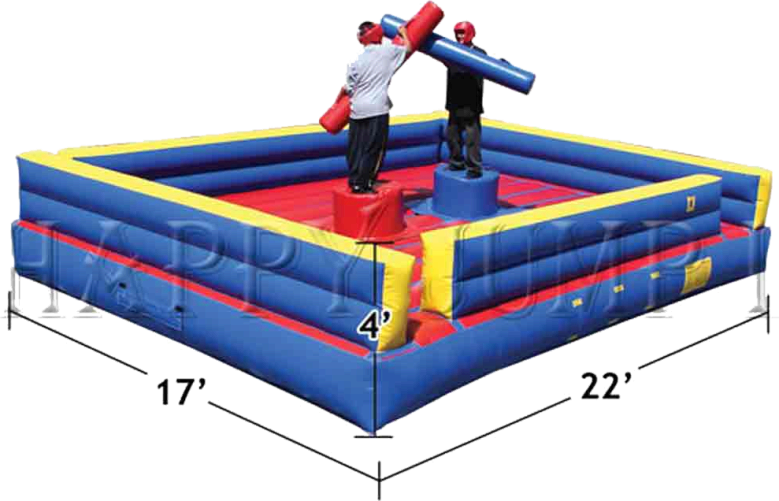 Jousting stage battle inflatable rental in Sacramento from Bouncey House Rentals with two pedestal mounds and padded jousting poles