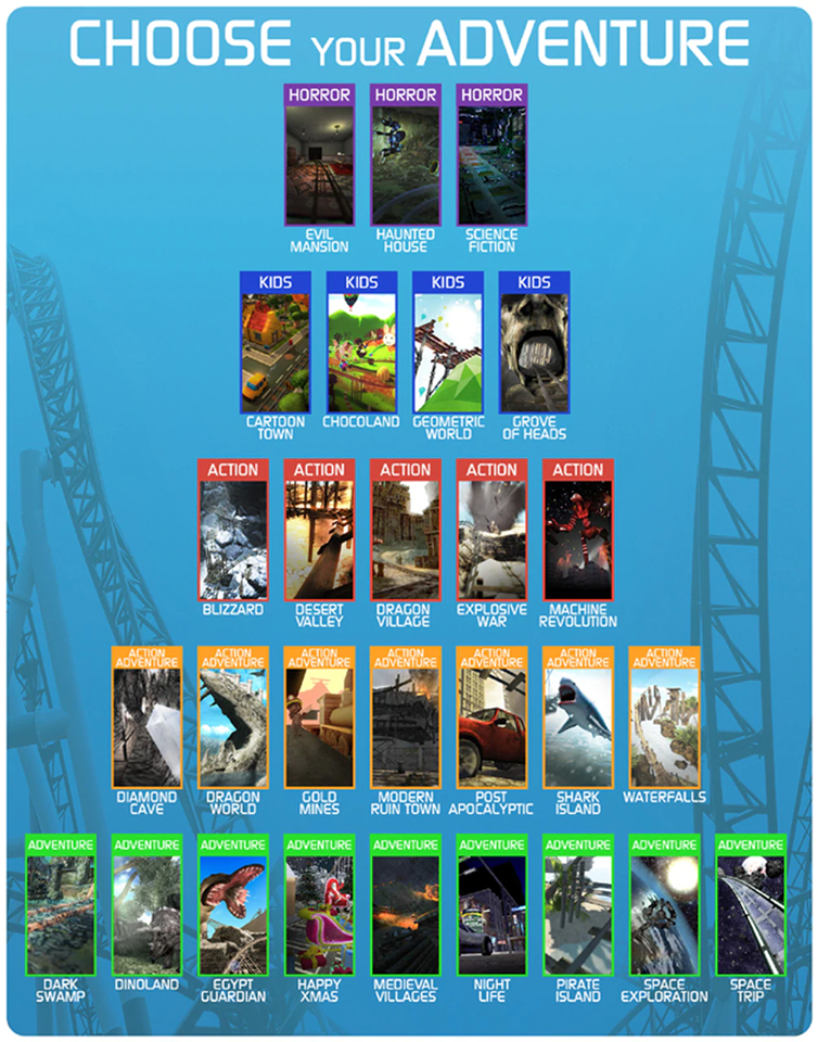 VR Roller Coaster rental promotional sign from Bouncey House Rentals in Sacramento, CA featuring virtual reality motion simulator with 28 coaster designs